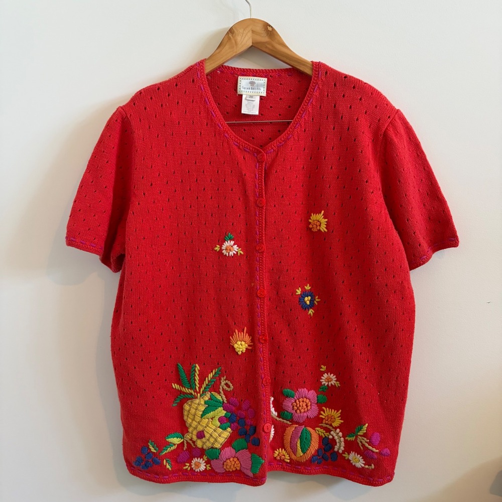Susan Bristol Vintage 90s Red Hand Embroidered Fruit Floral Cardigan Sweater 2W